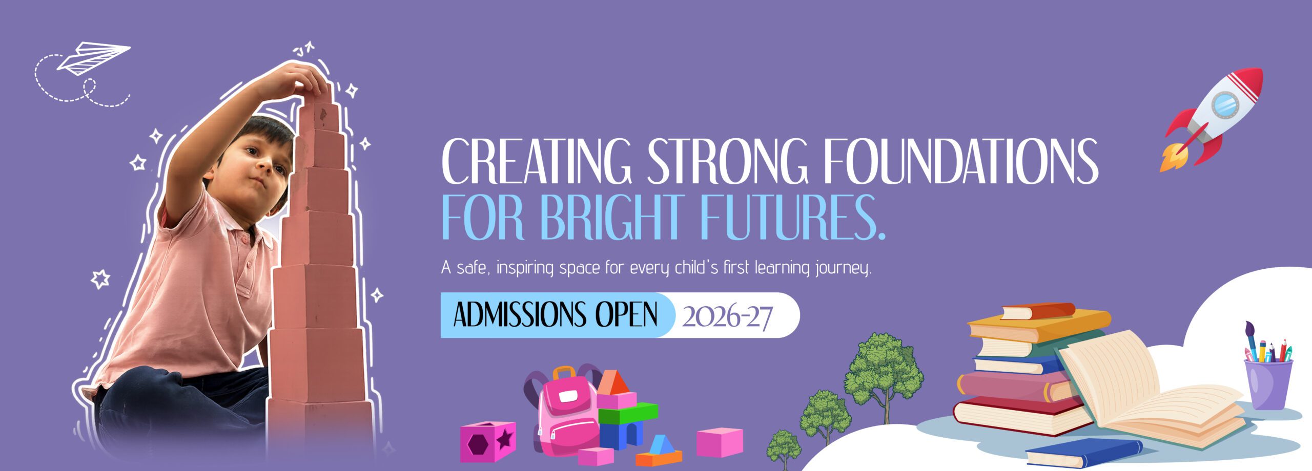 Basil Woods Juniors Whitefield preschool banner - Creating Strong Foundations for Bright Futures, admissions open for 2026-27