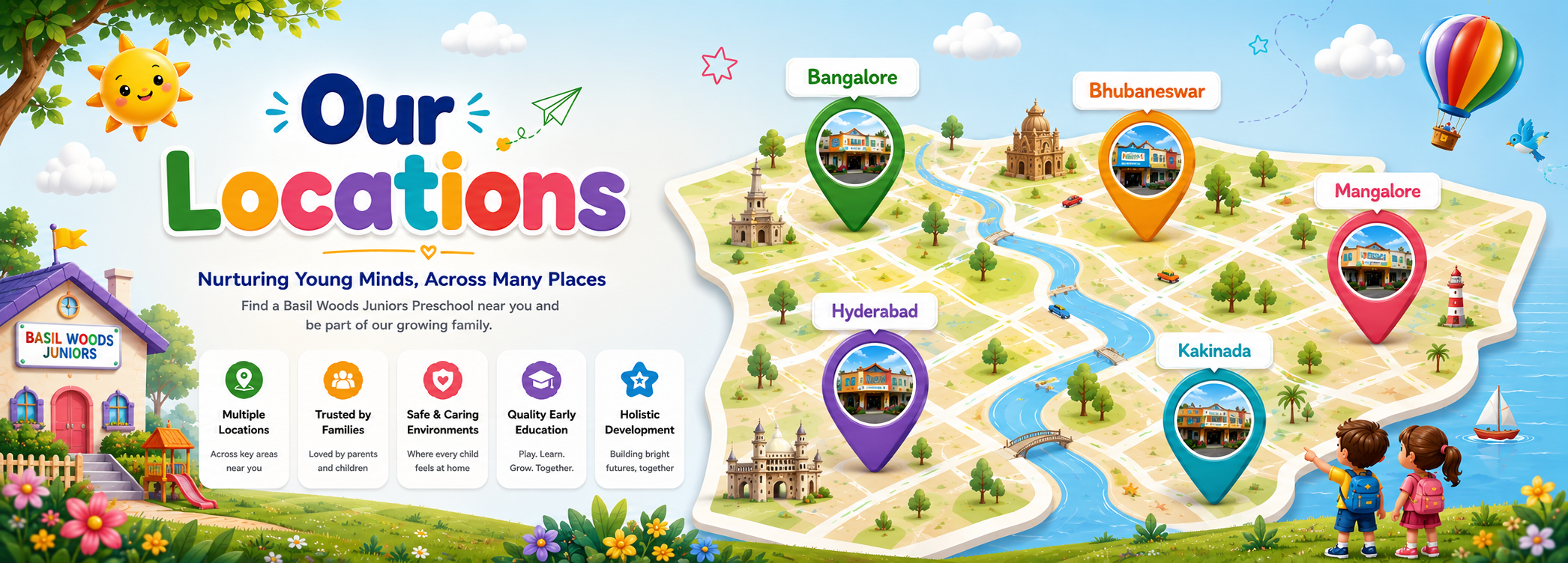 Illustrated map showing preschool campus locations across the city