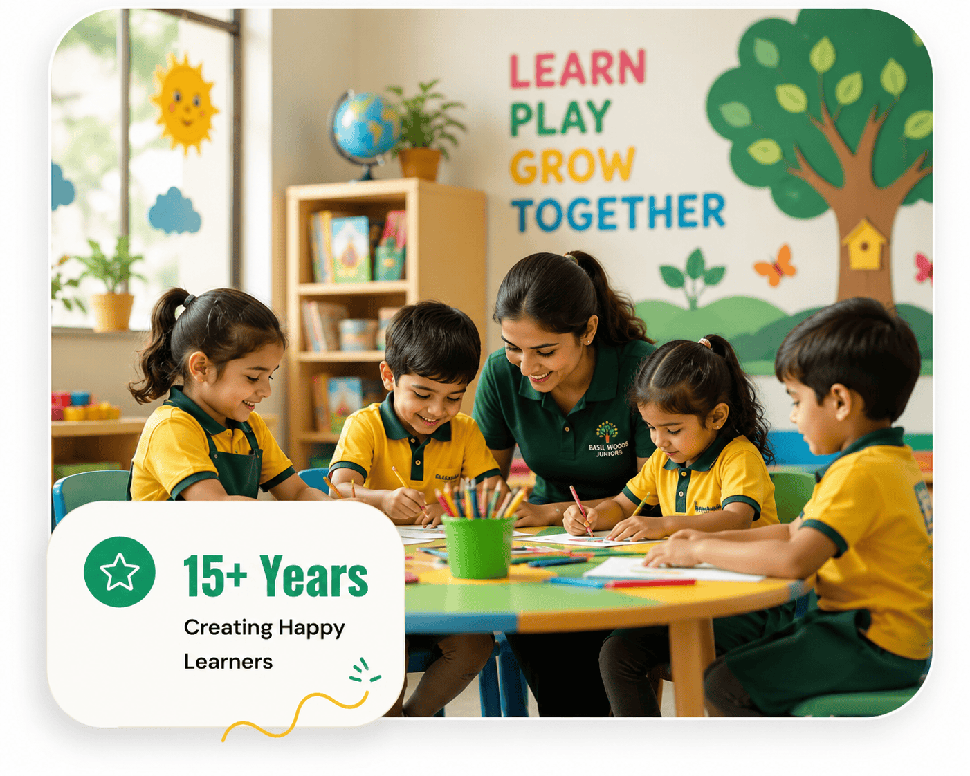 Banner graphic of preschool children playing together with a play, learn, grow together message