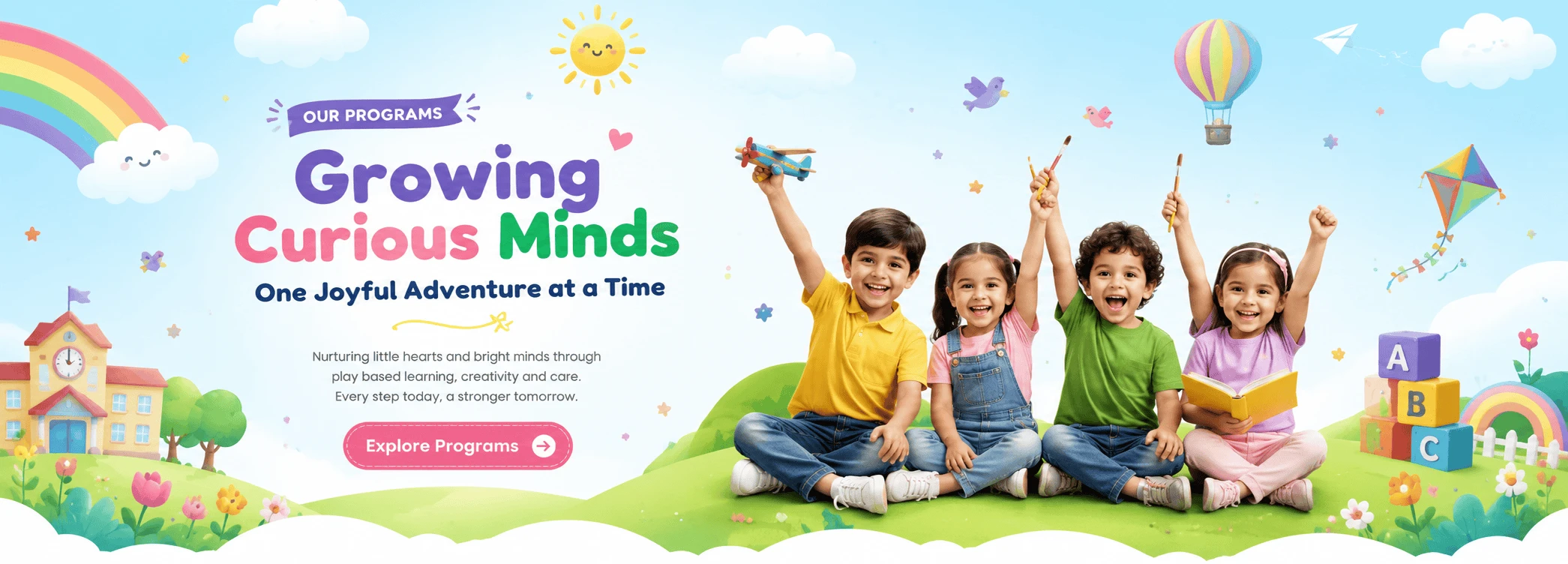 Illustration of children playing outdoors with the school's tagline banner