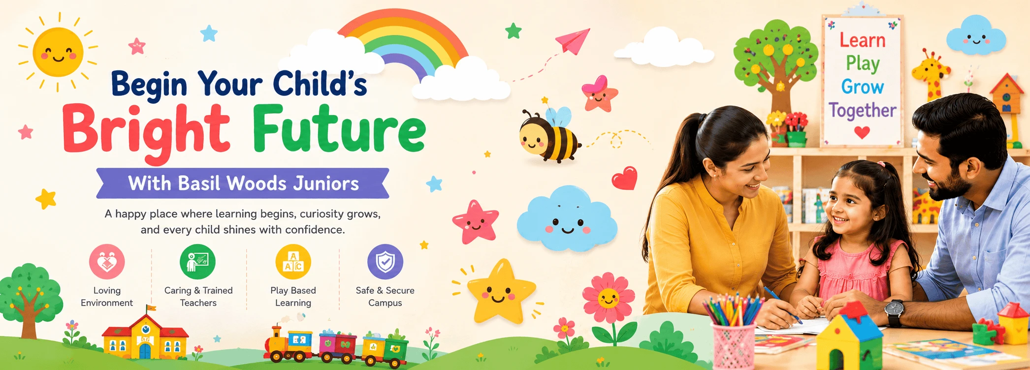 Begin Your Child's Bright Future With Basil Woods Juniors — family coloring together, highlighting a loving environment, caring teachers, play-based learning, and a safe campus