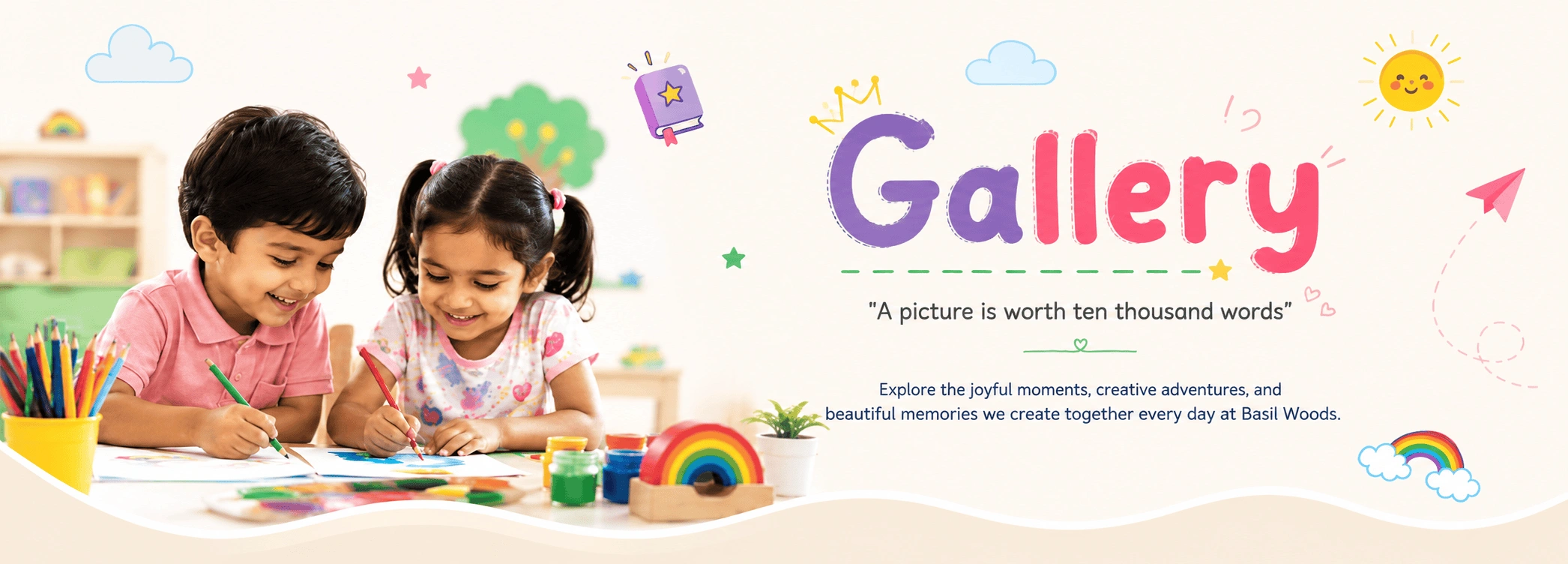 Gallery banner: two children painting together, with the message "A picture is worth ten thousand words" - explore joyful moments and memories from Basil Woods
